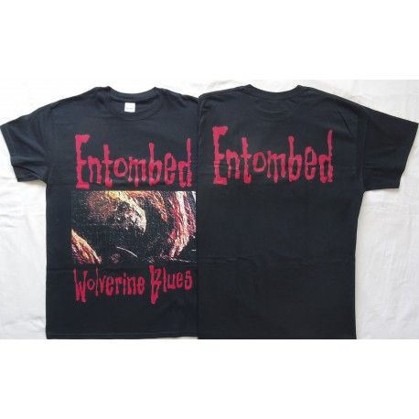 Schwarzes Entombed Band-T-Shirt mit Wolverine Blues Aufdruck.